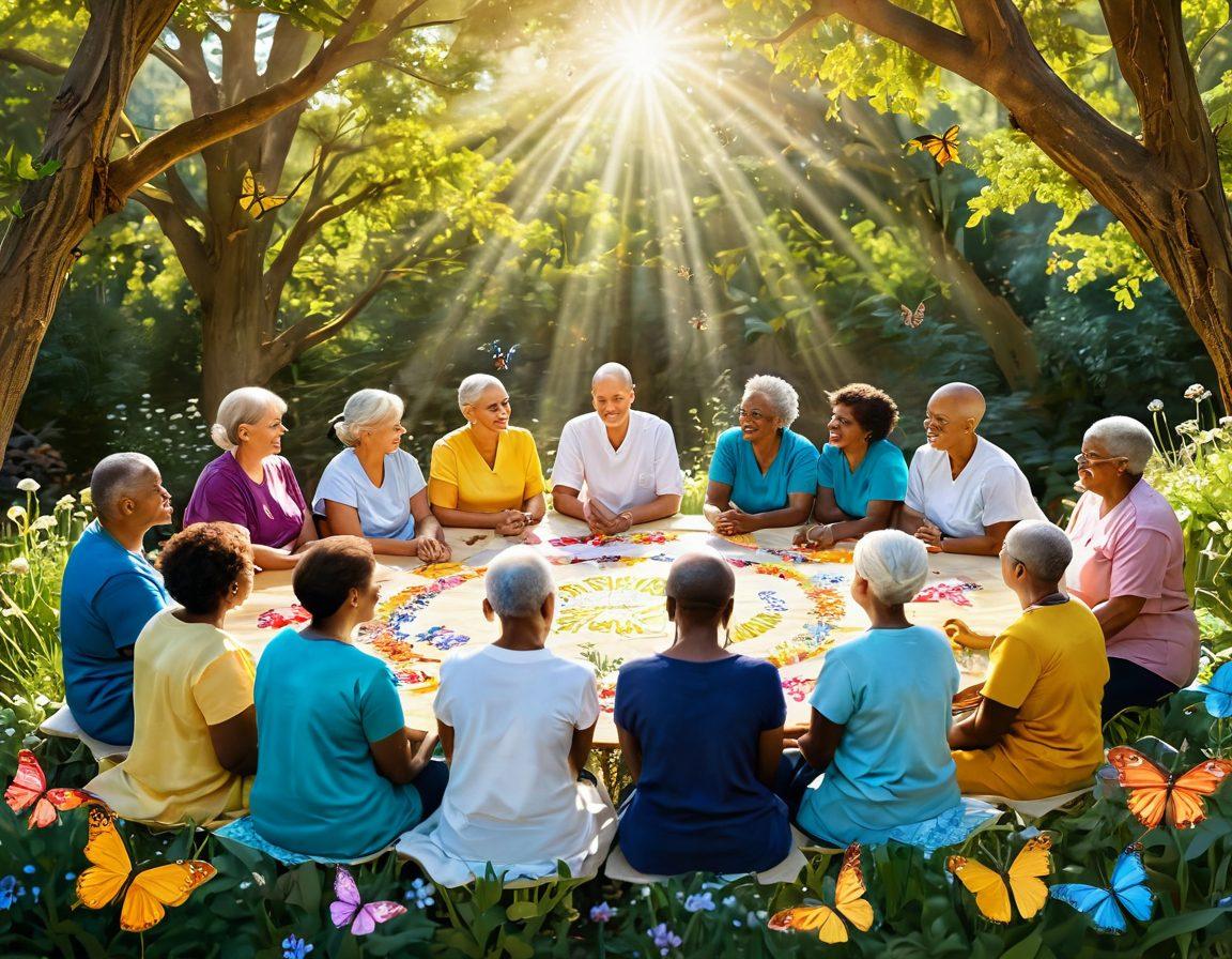 A serene landscape depicting a diverse group of cancer survivors and advocates engaging in a vibrant support circle, surrounded by uplifting elements like butterflies and blooming flowers symbolizing hope and resilience. Bright sunlight shines through the trees, creating a sense of warmth and empowerment. Include motivational quotes subtly integrated into the background. super-realistic. vibrant colors. natural setting.