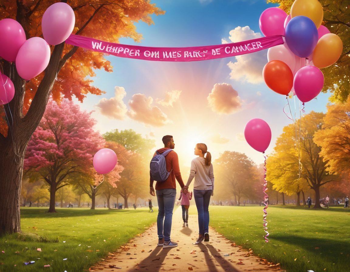 A warm gathering of diverse individuals sharing their experiences in a park, with banners and signs promoting cancer awareness. Include comforting elements like hope ribbons and supportive messages written on colorful balloons. The background should depict a sunlit sky symbolizing positivity and resilience. Render this scene in a super-realistic style with vibrant colors.
