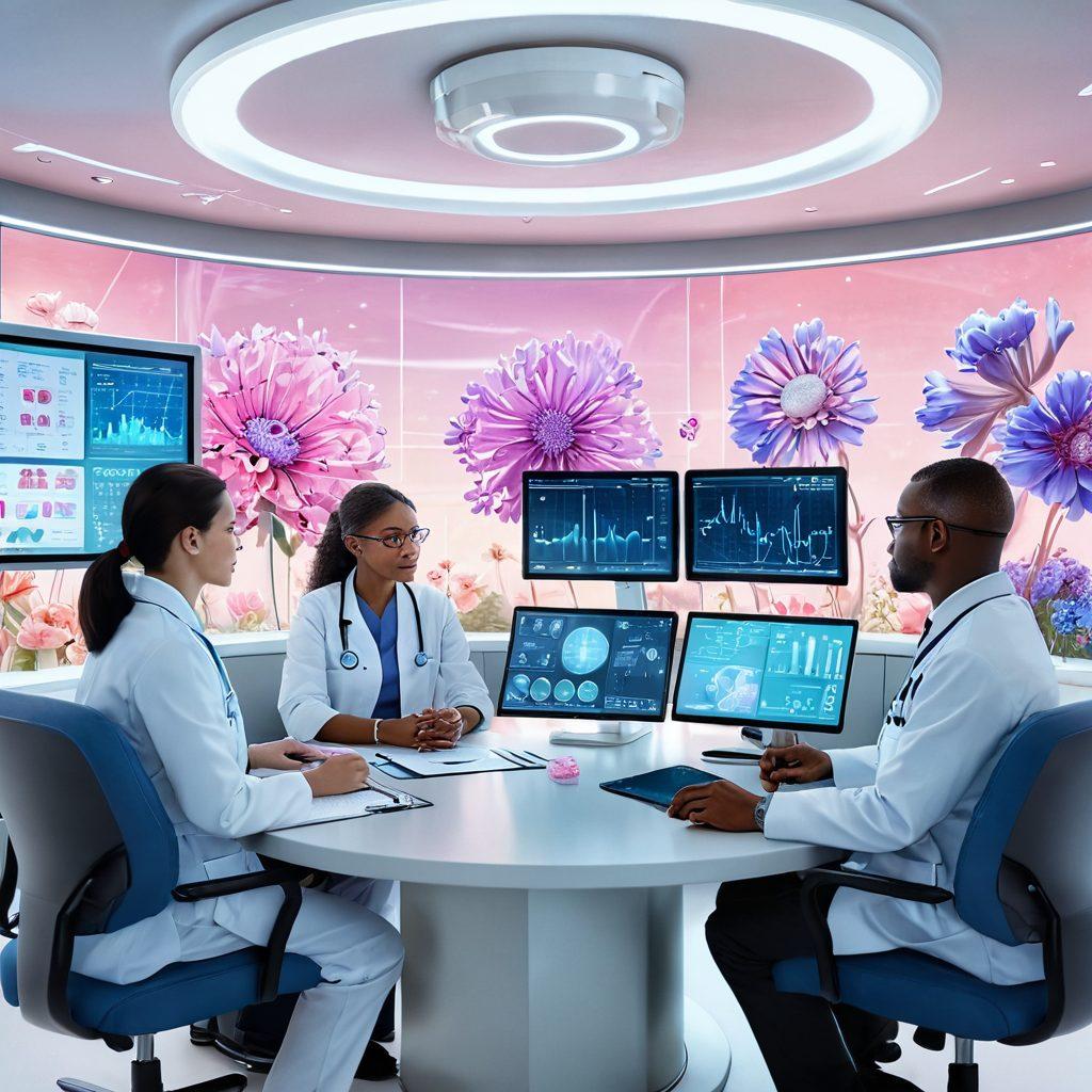 A serene medical setting featuring a diverse group of healthcare professionals discussing advanced cancer therapies, with high-tech equipment and vibrant futuristic displays in the background. Incorporate symbols of hope such as blooming flowers and uplifting graphs showing progress, along with a warm, inviting atmosphere. Super-realistic. Soft pastel colors. 3D.